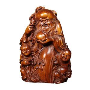 Chinese Boxwood Wood Longevity Taoism Deity Statue w Fortune Kids & Peach